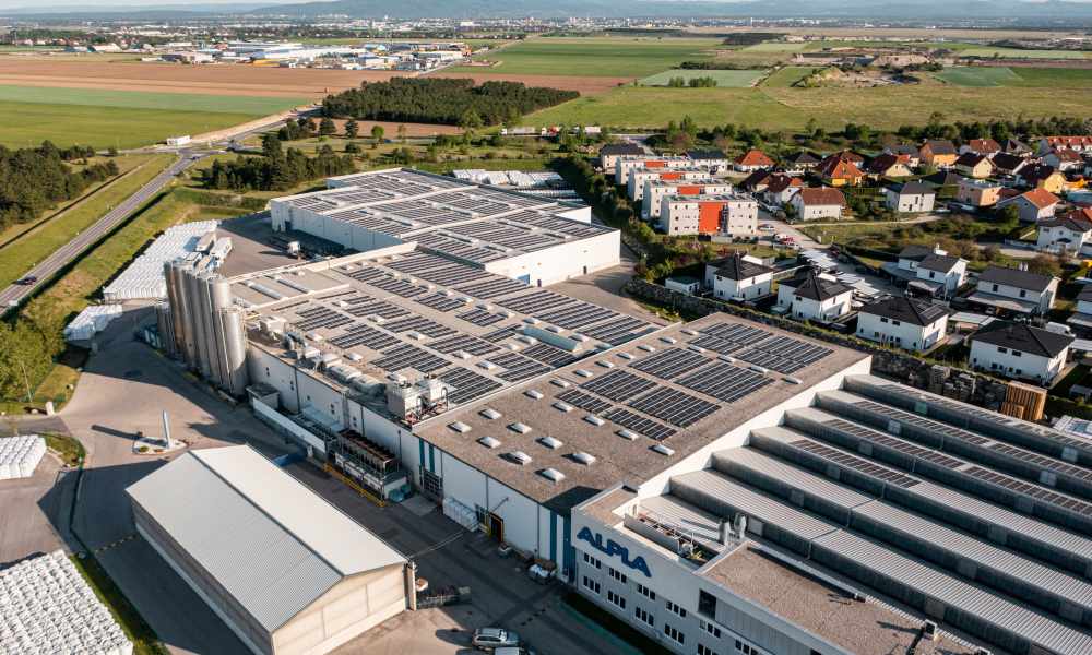 An aerial view of the ALPLA plant in steinabrueckl showing all the different buildings.